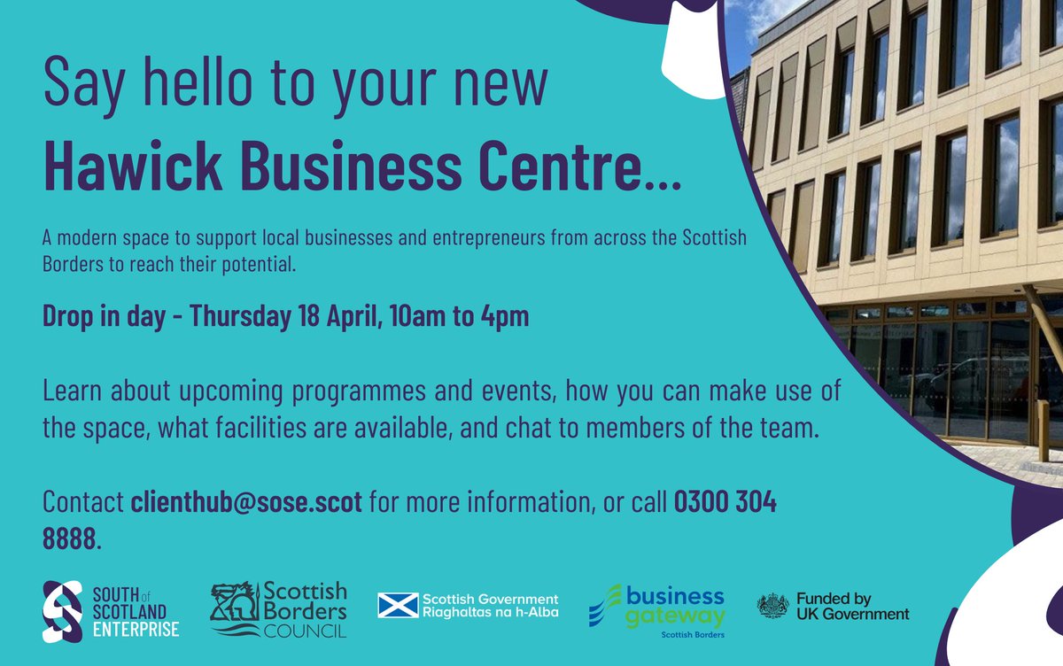 🎉Hawick Business Centre Open Day! 🎉 Come along and see the modern space, learn about upcoming programmes and events, find out more about how you can make use of the space, what facilities are available, and chat to members of the team. Find out more 👇 southofscotlandenterprise.com/news/hawickbus…