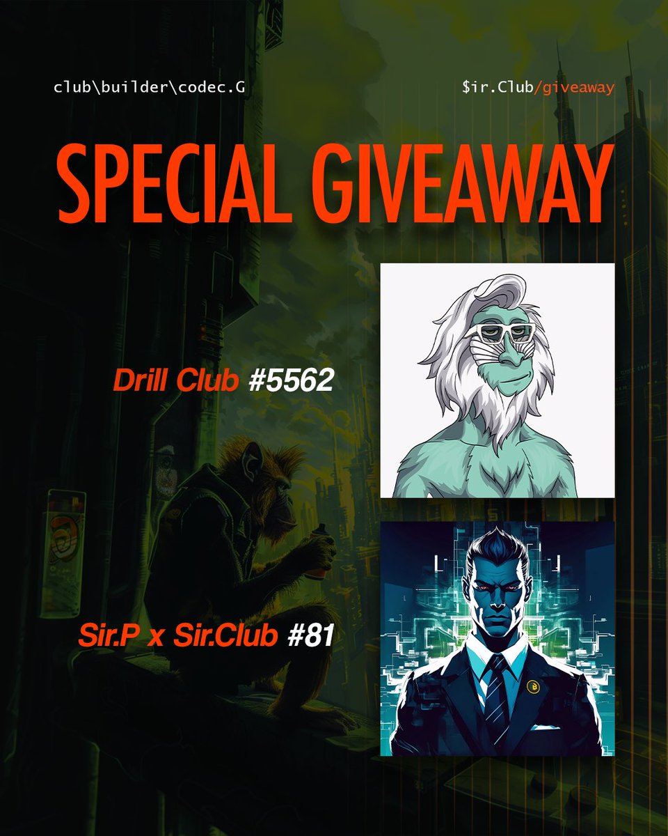 The_Prodigy_Lab's tweet photo. 🚨GIVEAWAY🚨

We're thrilled to announce a special #Giveaway. 

Drill Club has a very strong community, for this reason we believe so much in the project and that's why we want to give the chance to win these fantastic #NFTs to a lucky winner!

🥇 “Drill Club #5562” and “SirP x SirClub #81”

To Enter:

1 Like and Retweet this post
2 Follow @The_Sir_Club @DrillClubNFT @Sir_Polpo 
3 Tag 3 Friends
4 Join our discord: https://t.co/Yo1SVK0cly

Winner in 72h

#SirClub
#YKTD