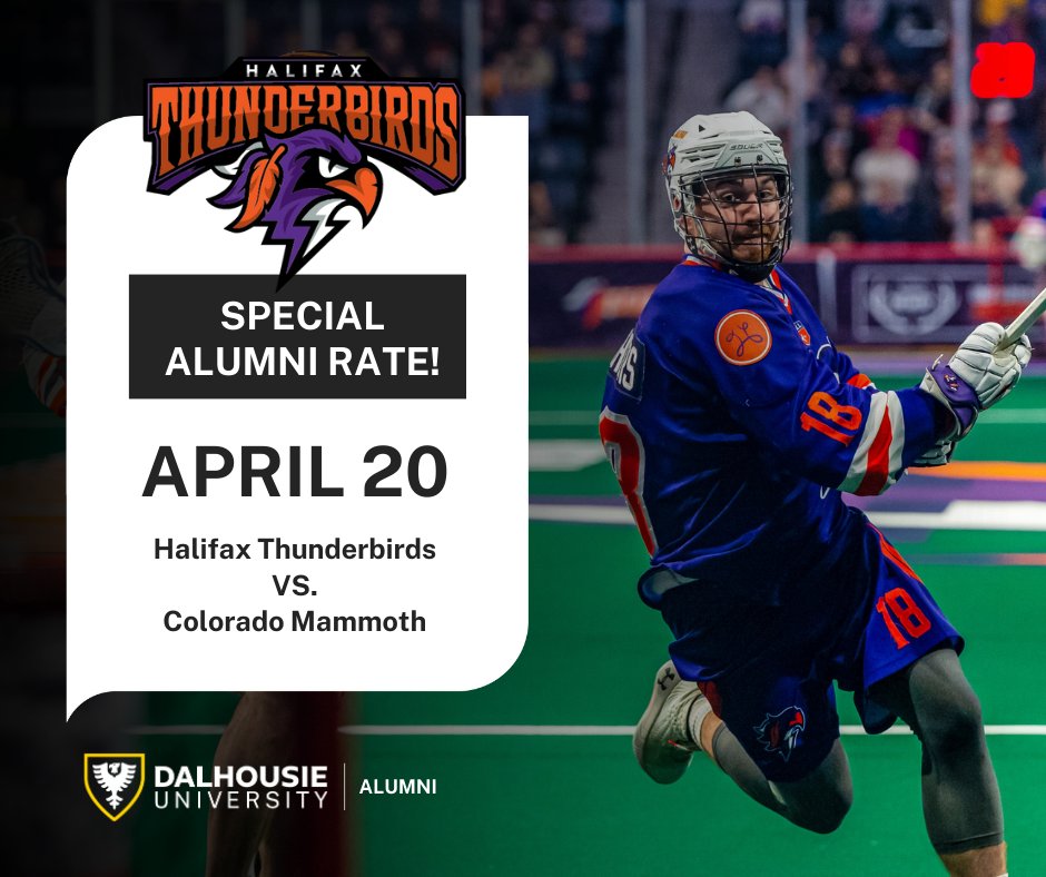 The Halifax Thunderbirds are pleased to invite #DalAlumni to their game Apr 20 at a special promotional price of $40.25 after tax! Discount codes can be found in our benefits program portal. Join the benefits program at: ow.ly/HhG250R21oI @HFXThunderbirds
