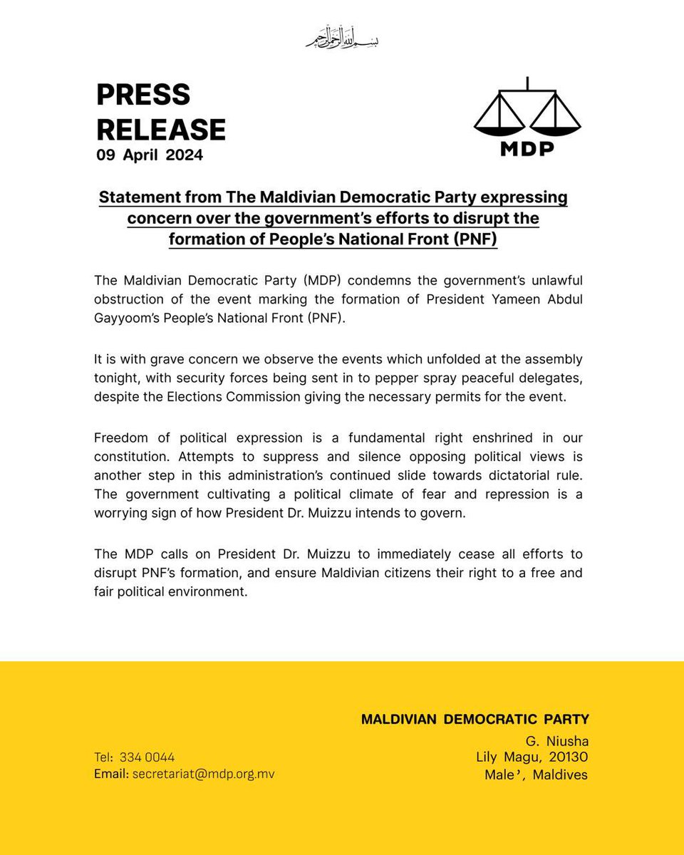 Statement from The Maldivian Democratic Party expressing concern over the government’s efforts to disrupt the formation of People’s National Front (PNF) mdp.org.mv/archives/82817