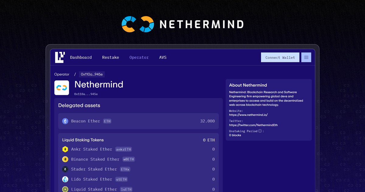 Congratulations to the EigenLayer team on the mainnet launch! Nethermind is onboard as an @eigenlayer operatooor! Why stake with us? 🪢 Collaborated with EigenLabs on the AVS node specification ♾ Running @eigen_da on testnet since day 1 💎 In onboarding AVSs, we leverage