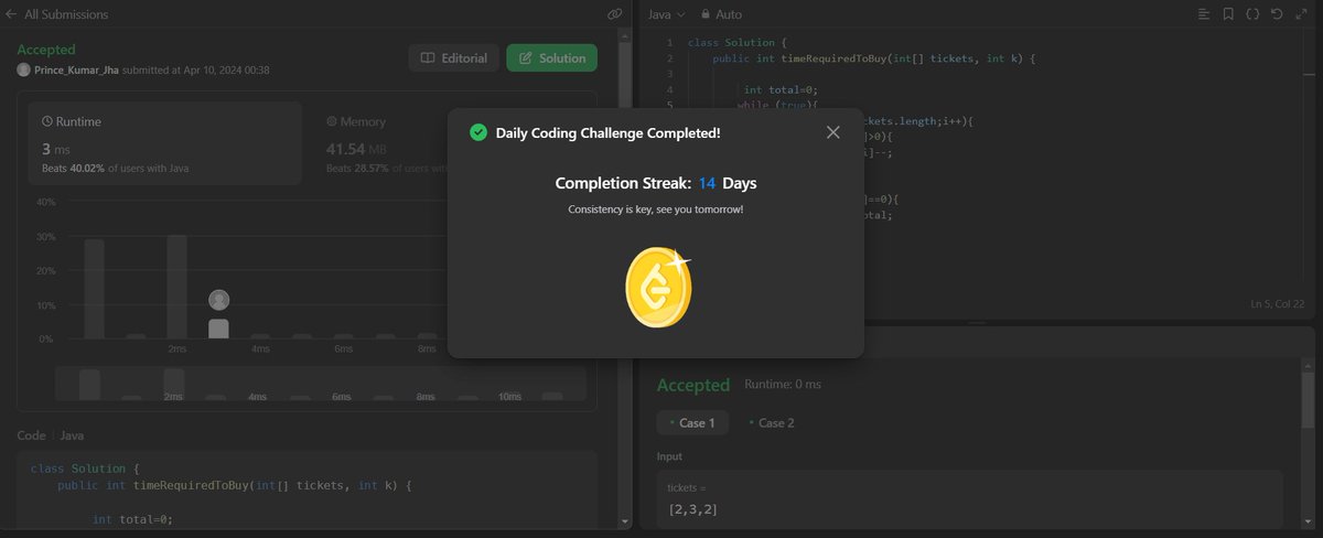 Day 32 of #100DaysOfCode  Solved daily leetcode challenge :-           
       
✅Problem number  2073(Time needed to buy ticket).

  Not a great day but managed to solve daily leetcode challenge, Will try to coverup the things tomorrow.