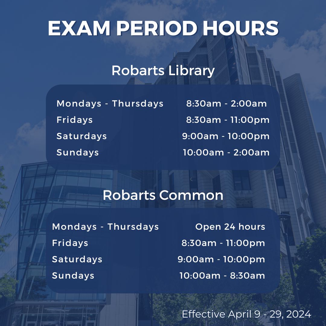 Looking for a study spot this exam season? 👀Here are our updated hours for the April exam period at Robarts Library and Common 📚 For more information, please visit our Robarts Library Hours page at the following link🔗 onesearch.library.utoronto.ca/library-info/R…