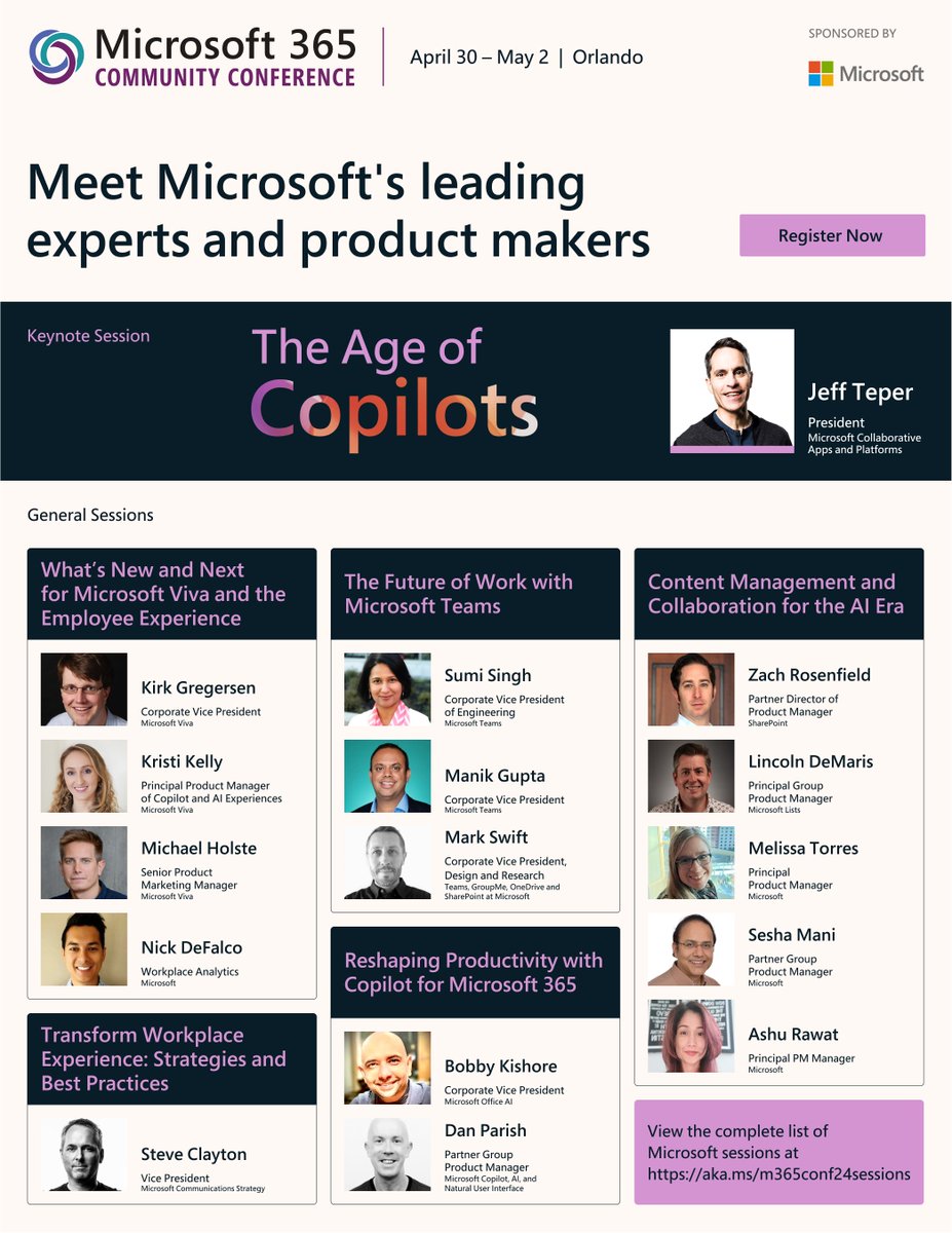 Learn to thrive in the era of AI with 5 innovative general sessions that will set the tone for success. Just announced “Reshaping Productivity with Copilot for Microsoft 365,” “The Future of Work with Microsoft Teams,” & more at #M365CON Learn more: m365conf.com/#!/sessions?to…