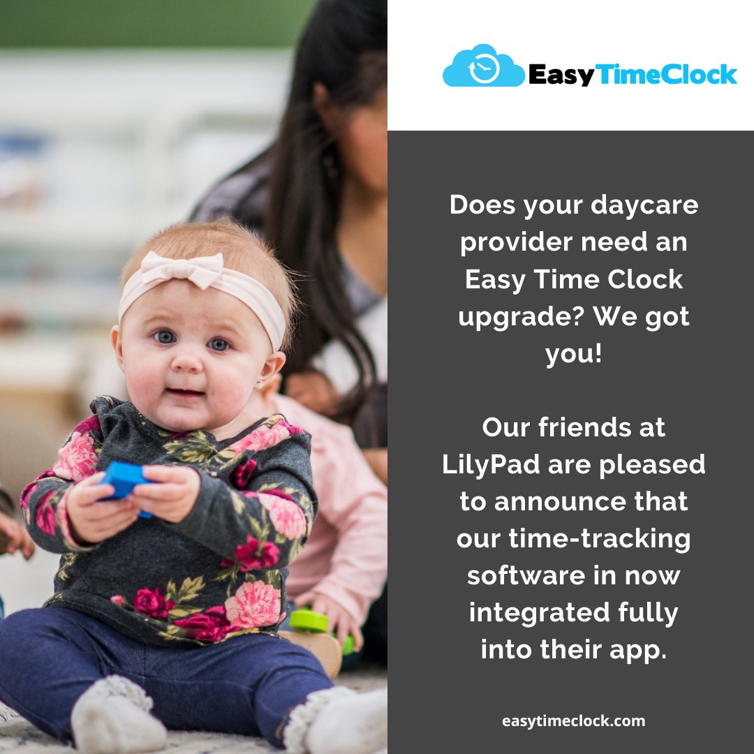 Running a daycare just got easier! 🍼 Sign up for LilyPad today and take advantage of our Easy Time Clock feature at no cost. Spend less time on admin and more time with the kiddos! 

#daycare #childcare #childcarecenter #free #app #timetracking