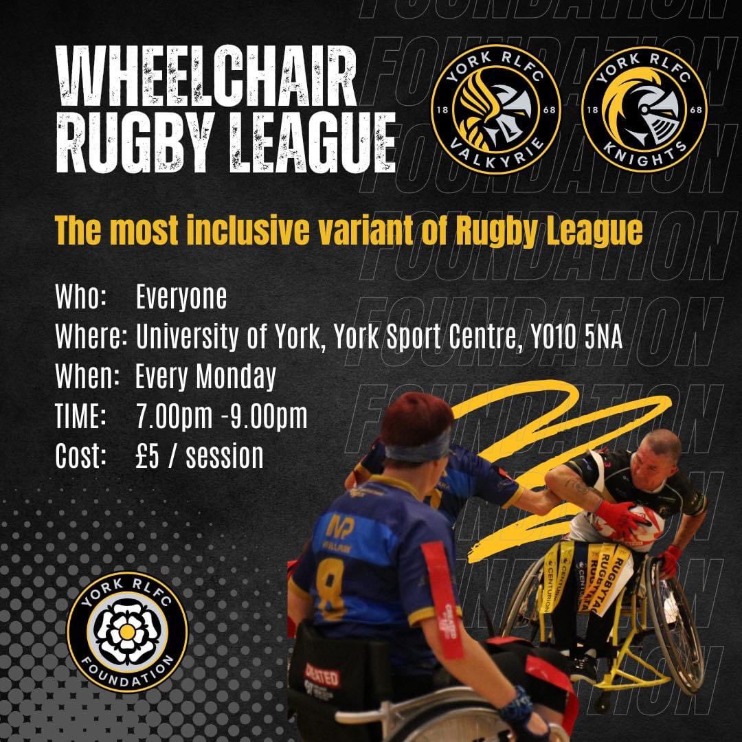 𝗪𝗵𝗲𝗲𝗹𝗰𝗵𝗮𝗶𝗿 𝗥𝘂𝗴𝗯𝘆 𝗟𝗲𝗮𝗴𝘂𝗲 ♿️ Weekly training sessions continue 📍 York Sport ⏰ 7pm to 9pm 🚨 New players welcome To get involved contact inclusion@yorkrlfc.com 🌐 yorkrlfc.com/wheelchairrugb… #WeAreYork | #RiseUp ⚔️