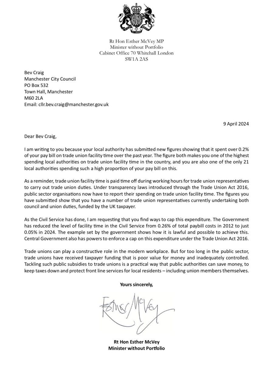 Another day, another political attack on workers from the Tories. Manchester has over 7,500 staff. We are proud to recognise trade unions. A happy workforce delivers better services. Boring distraction tactics from a Government knee deep in controversy and lacking direction.