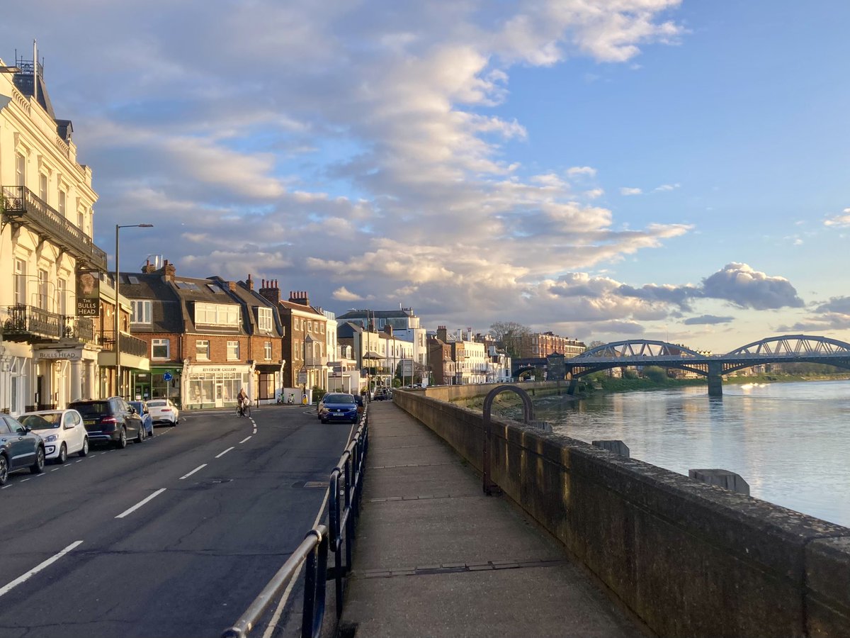 The Bull’s Head, The Terrace and Barnes Bridge on the River Thames, London, at 7:15 pm today