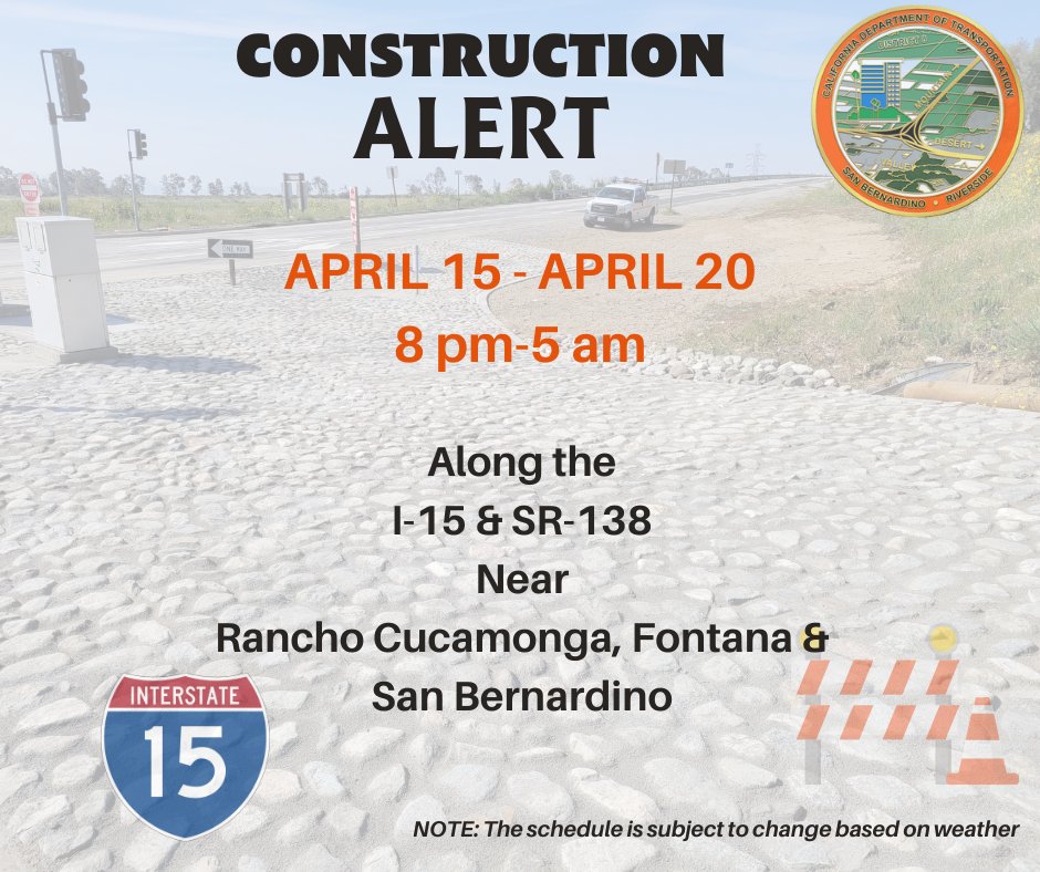 SBCO Construction Alert: 🚧I-15 & SR-138 nighttime work continues next week 4/15-4/20 from 8:00 pm to 5:00 am. #Caltrans8 📷See alert for more details:conta.cc/3vK2BHm 📷quickmap.dot.ca.gov