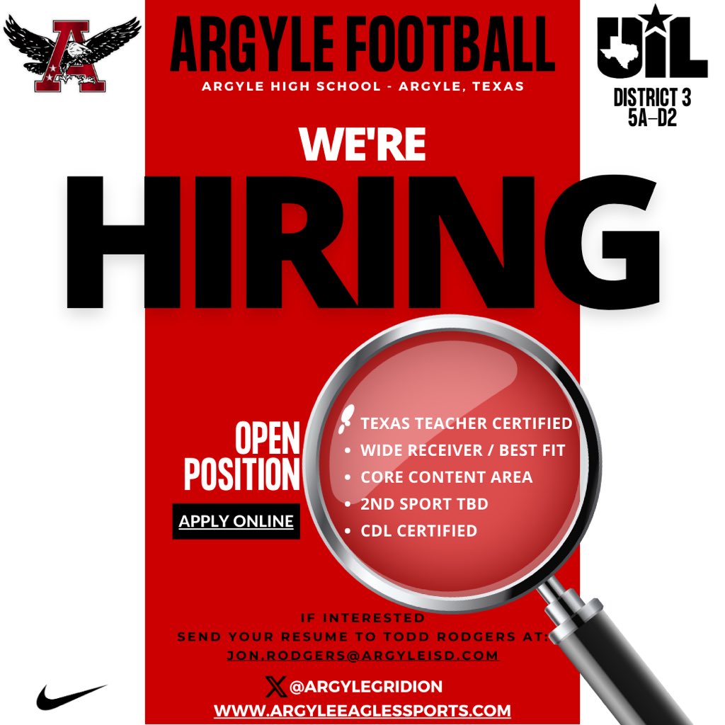 Argyle Football Job Opportunity Must be Texas Teacher Certified Looking for WR Coach / Best Fit Core Content Area Certification 2nd Sport TBD CDL Certified Apply Online applitrack.com/argyleisd/onli… #txhsfb | @dctf | @THSCAcoaches