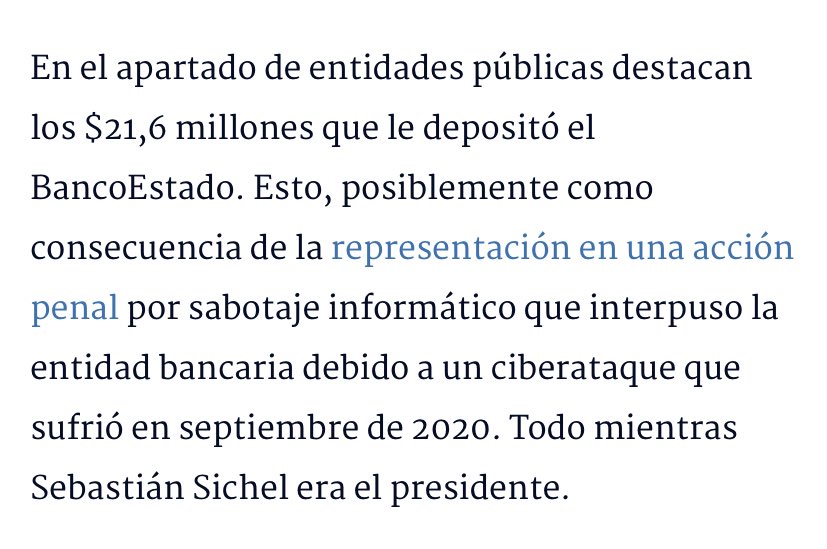 🔴CASO HERMOSILLA SALPICA A SEBASTIÁN SICHEL🔴

Mientras Sichel era el presidente del Banco Estado, a Hermosilla se le realizó un depósito por $21.000.000, cuando lo contrataron como abogado para el caso del ciberataque al banco. 

En ese año los medios hablaban de Hermosilla