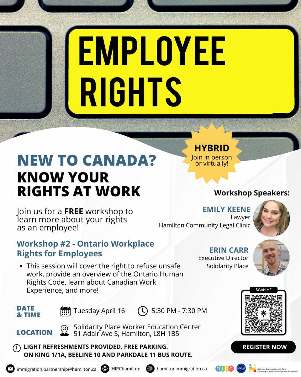 Happening next week! 📚📚 Don’t miss the chance to empower yourself on April 16 ✍. Register now to secure your spot and learn about your rights as an employee working in Ontario. Register for in-person: bit.ly/EmployeeRights… For Webinar: hamiltonimmigration.ca/events/