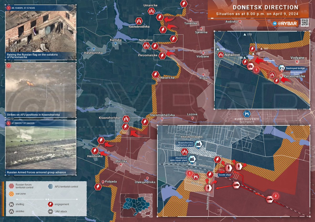 ❗️🇷🇺🇺🇦 Донецкое направленеие: Штурм Красногоровки и взятие Первомайского обстановка по состоянию на 20:00 9 апреля 2024 года На Донецком направлении направлении фиксируется существенное продвижение ВС РФ, где под полный контроль российских сил полностью перешло село ⬇️