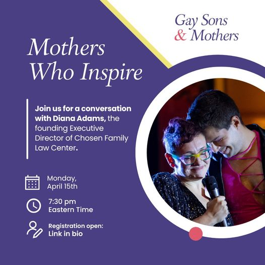 Don’t miss @DianaAdamsEsq on Monday April 15, 2024 at 7:30pm for 'Mothers Who Inspire: Honoring Queer & Chosen Mothers'! They’ll talk about #LGBTQIA & chosen mothers & how to honor them in this free zoom discussion. It’s not too late to register: bit.ly/49iKp5p
