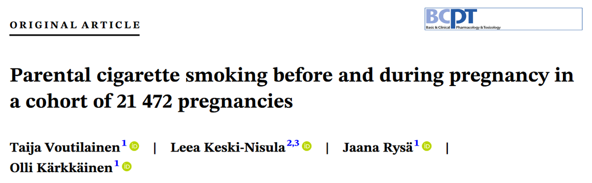 1/5 Parental cigarette smoking before and during pregnancy in a cohort of 21 472 pregnancies New study by @karkkainen_olli, @ToxUEF, @uef_farmasia and colleagues – study highlights 👇