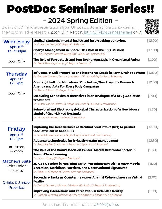Hi folks, this is a kind reminder that the UF postdoc seminar series starts tomorrow and goes until Friday ! Come join us (bit.ly/UFPDAspringsem… ) and learn about the amazing research being done by our Postdocs <a href="/UF/">FLORIDA</a> 😁🐊