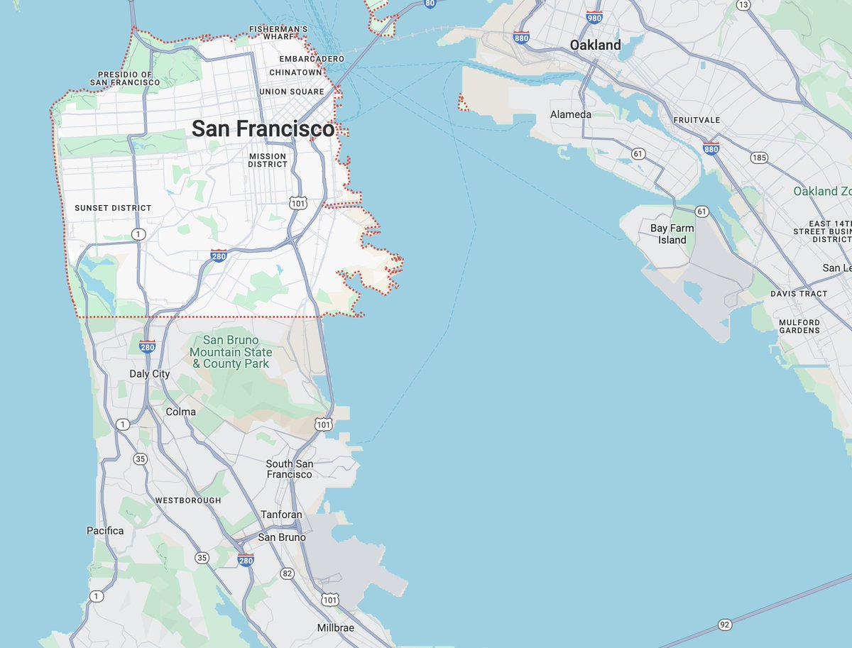 The two big grey patches on this map are airports, both of which are well outside of the city of San Francisco. The one that will get you the quickest to downtown San Francisco (by BART), ironically, is in Oakland.