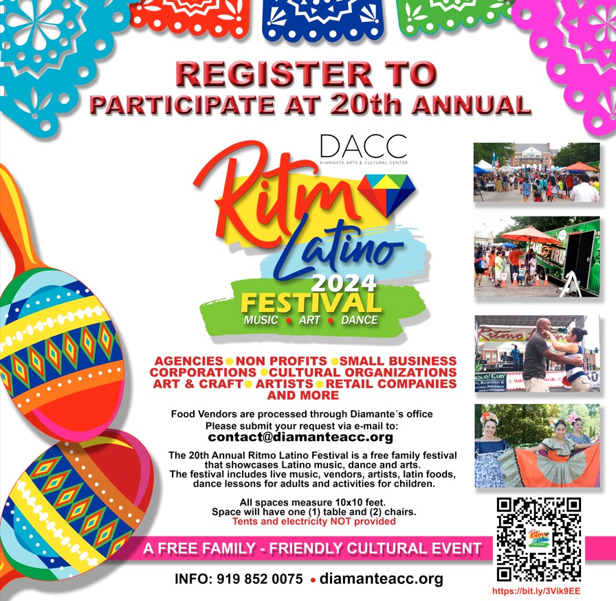 Festival Ritmo Latino 2024! 💃🥳
We're looking for vendors, non-profits and artists to showcase your unique products, creations or services for the community! An attendance of more than 12,000 people is expected.  
Register loom.ly/hi9wMhM Questions: 919-852-0075