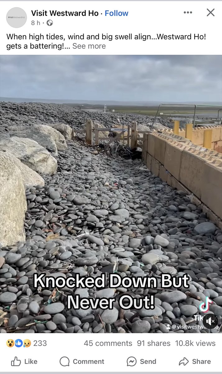 Another one for the #geographers. Four screenshots, showing the damage caused to #WestwardHo! by recent storm winds & high tide. Collapsed sea wall, ruptured wooden defences, tumbled rock armour, & plenty of shifted pebbles! Super #fieldwork potential though tough for landowners.