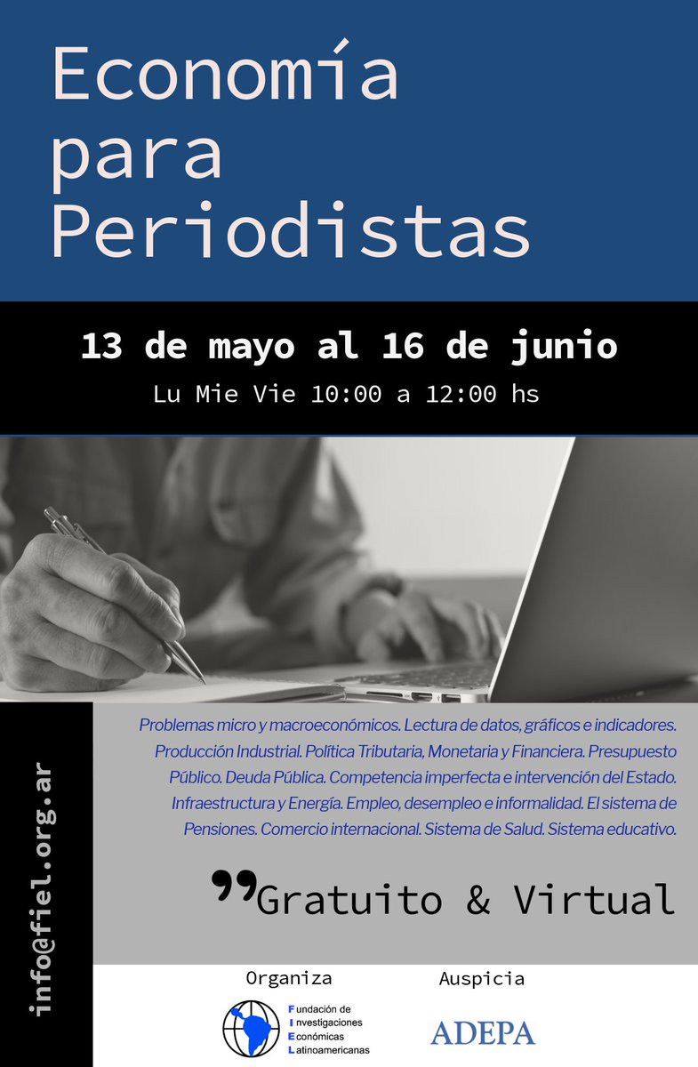 CURSO GRATUITO y VIRTUAL ECONOMÍA PARA PERIODISTAS 2024, no te pierdas las charlas con el staff de economistas de la Fundación FIEL / ADEPA 👇Bases y condiciones: bit.ly/4aAe2Ad 🖊️🗓️