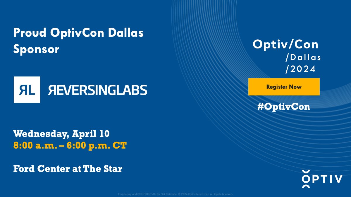 📅 Mark your calendars for @Optiv’s OptivCon Dallas on 4/10 at The Star! Join @ReversingLabs alongside leaders in #cybersecurity to learn how to manage cyber risk in the new era of #softwaresupplychainsecurity. Save your seat: bit.ly/3VG9h3J #OneOptiv