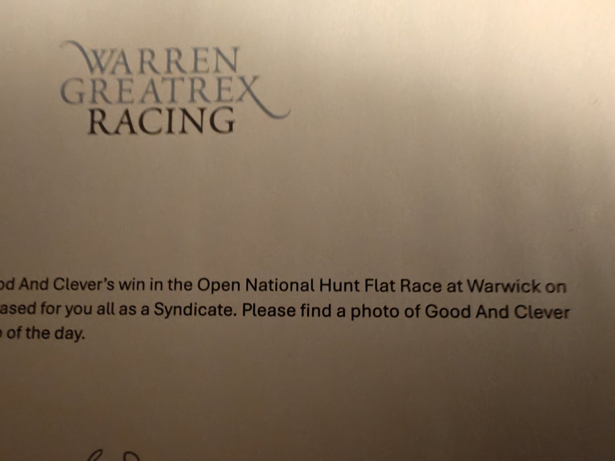 Just in and opened the post. What a lovely surprise from @wgreatrexracing after our syndicate horse with #VelocityRacing won at Warwick recently. Thank you so much.