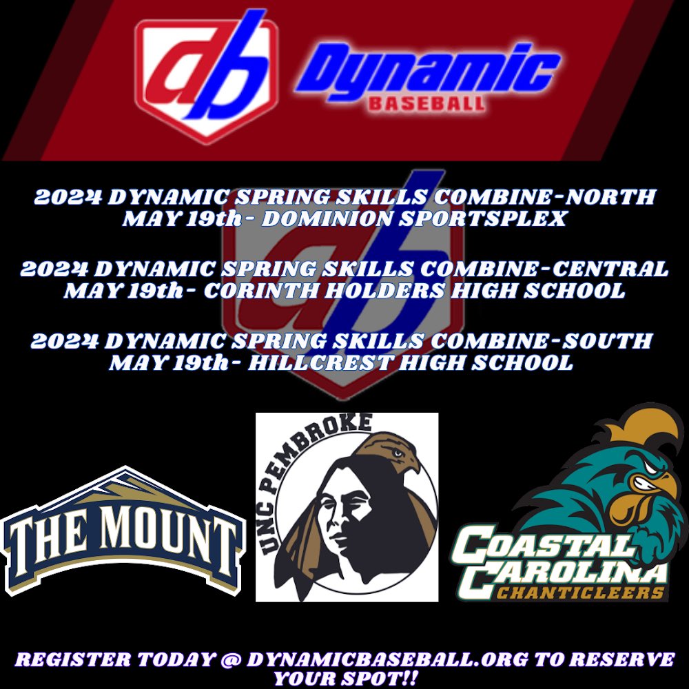 Mount St. Marys, UNCP and Coastal Carolina have committed to attending the Dynamic Spring Skills Combine in May! Sign up at the link below to show off your skills in front of guaranteed college coaches! events.dynamicbaseball.org/?month=5&name=…