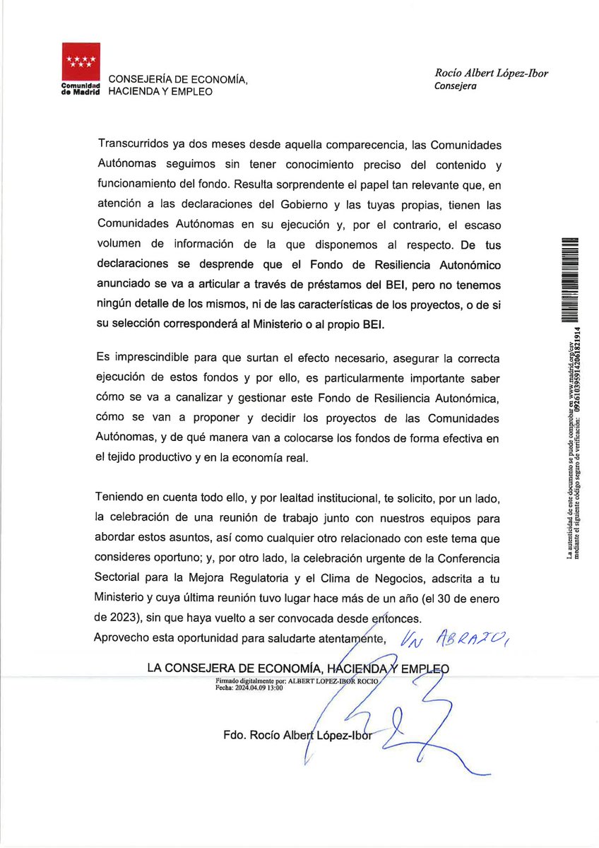 He remitido una carta al ministro @carlos_cuerpo pidiendo más información sobre la ejecución y adenda de los fondos MRR. Sin información completa y detallada no podemos diseñar actuaciones eficaces.