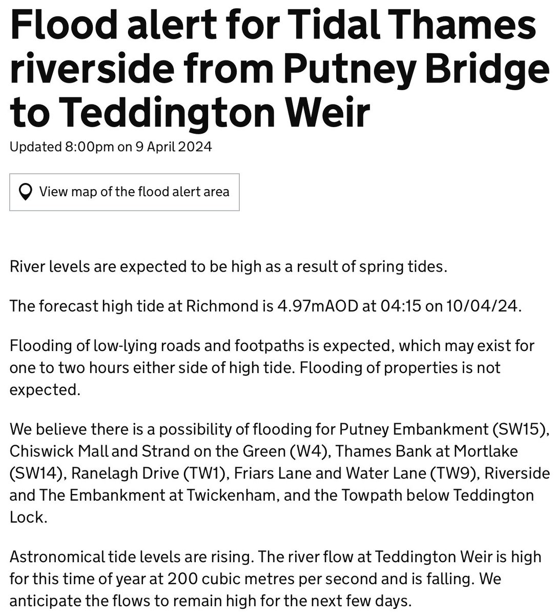 ⚠️ It’s been decided there will not be a #ThamesBarrier closure overnight and our Flood Alert covering riverside properties from Putney to Teddington has been updated again for the high tide in the early hours of tomorrow morning.