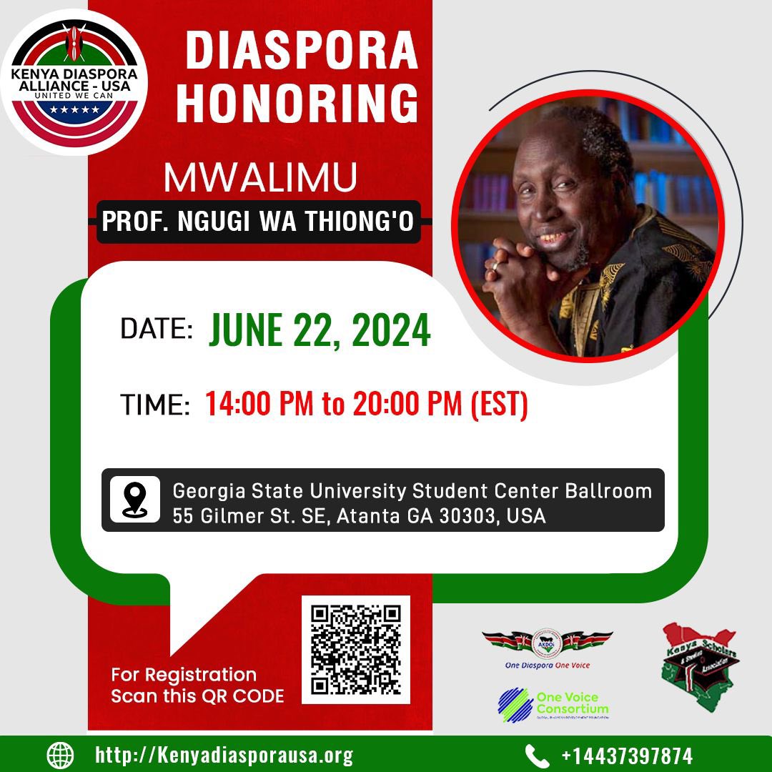 Proud to honor our very own Mwalimu @NgugiWaThiongo_ on 22 June in Atlanta, Georgia @marasab @Simbatel @GNduthu @irunguhoughton @mkawasi  @njukigithethwa @Mukurima @MutemiWaKiama @NdungiGithuku @DaveOgega @MigunaMiguna @DrRoselynAkombe