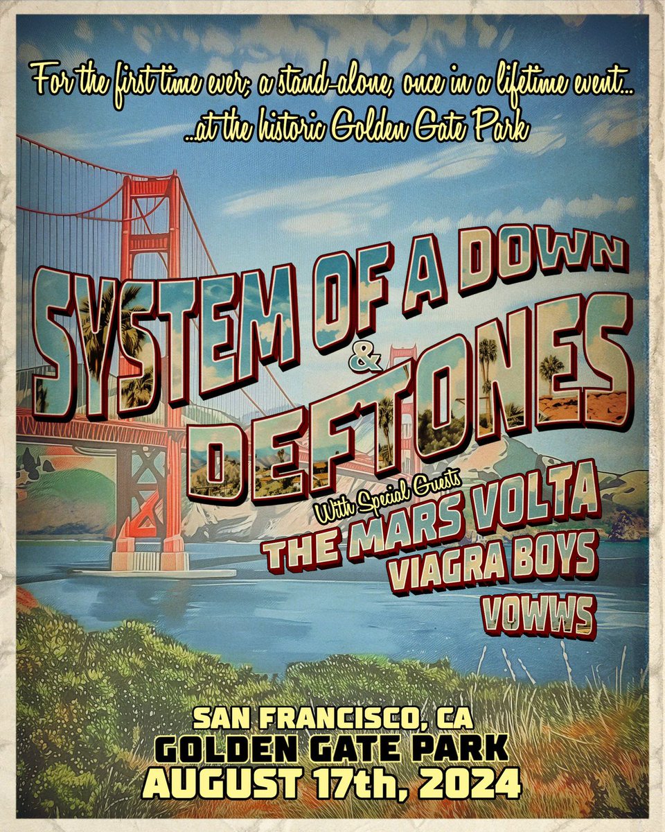 ¡System of a Down y Deftones anuncian conciertazo con The Mars Volta! 🎸 System of a Down, Deftones, The Mars Volta, Viagra Boys y Vowws 🗓️ 17 de agosto de 2024 📍 Golden Gate Park, San Francisco, California