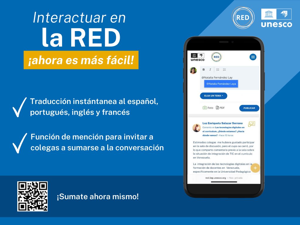 ¡Interactuar en la RED ahora es más fácil! 🌎 Con el traductor en línea puedes leer los mensajes en español, portugués, francés e inglés. 🔔 También puedes mencionar a colegas para que se sumen a tu conversación utilizando el @ seguido de su nombre. ➡️red.iiep.unesco.org