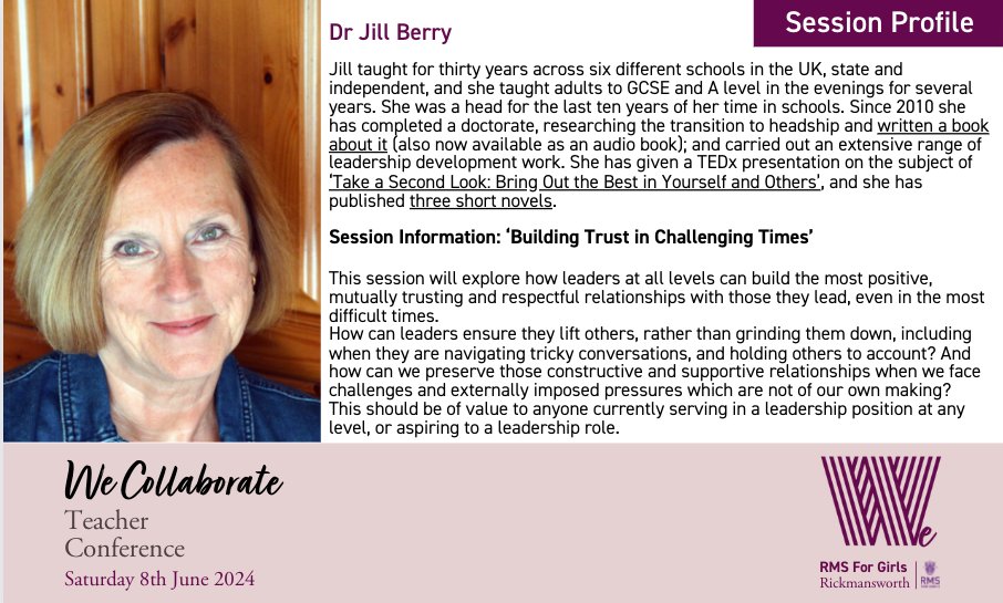 We are delighted to have @jillberry102 delivering a workshop on June 8th at #Wecollaborate24 Please join us on the day! Tickets and more details: rmsforgirls.com/wecollaborate/