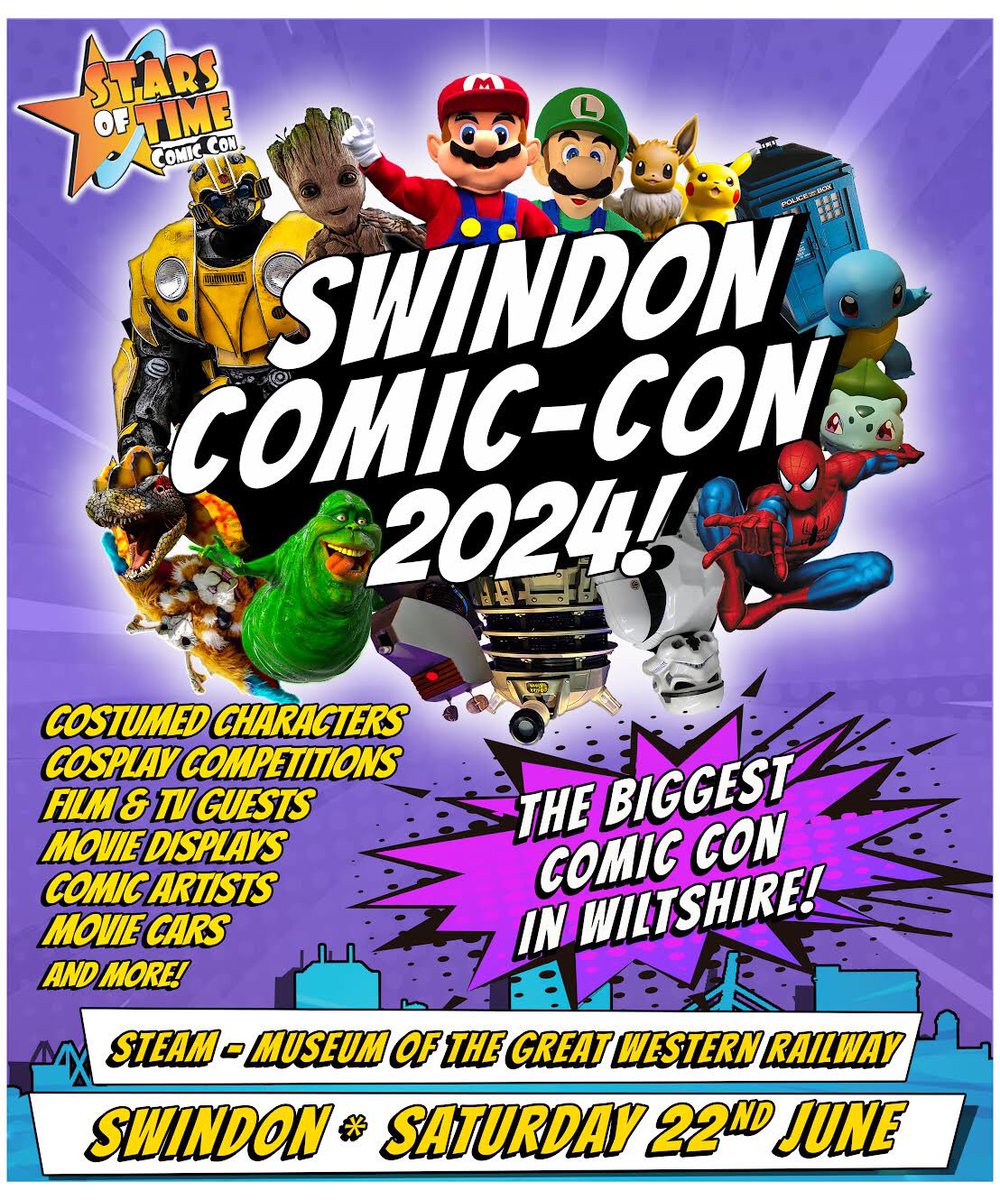 TICKETS NOW ON SALE! Stars of Time Comic Con, Saturday 22nd June 2024, STEAM, Swindon @steam_museum @visit_swindon #comiccon #cosplay @MKGarrisonUK @BBCWiltshire #shopping #fun #wiltshire @JediNewsNetwork @ukcomiccons @SWAUTOGRAPH BOOK NOW AT: shop.myonlinebooking.co.uk/steammuseum/se…