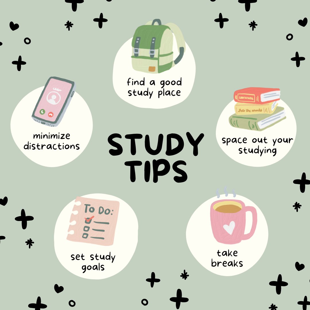 📚As we get closer to finals, here are some study tips to get you prepared! 🍀Wishing the best of luck to all students!