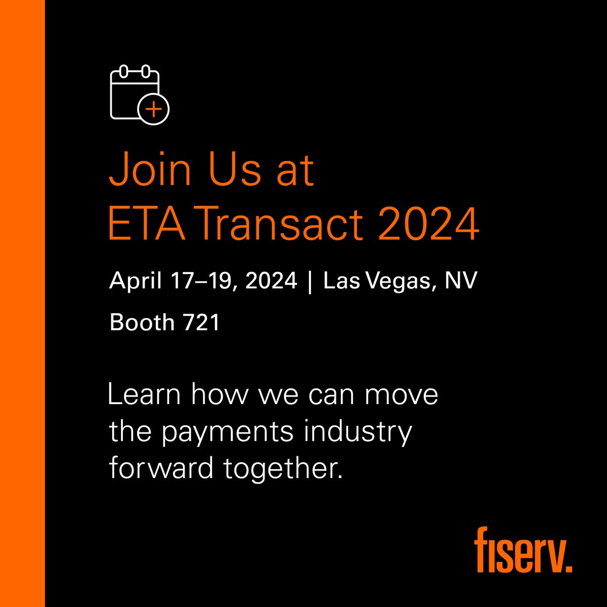 Fiserv's tweet photo. We're excited to meet you at #ETATransact! Check out the Fiserv speaking sessions and visit booth 721 for some friendly competition. https://t.co/9kzjKIOons