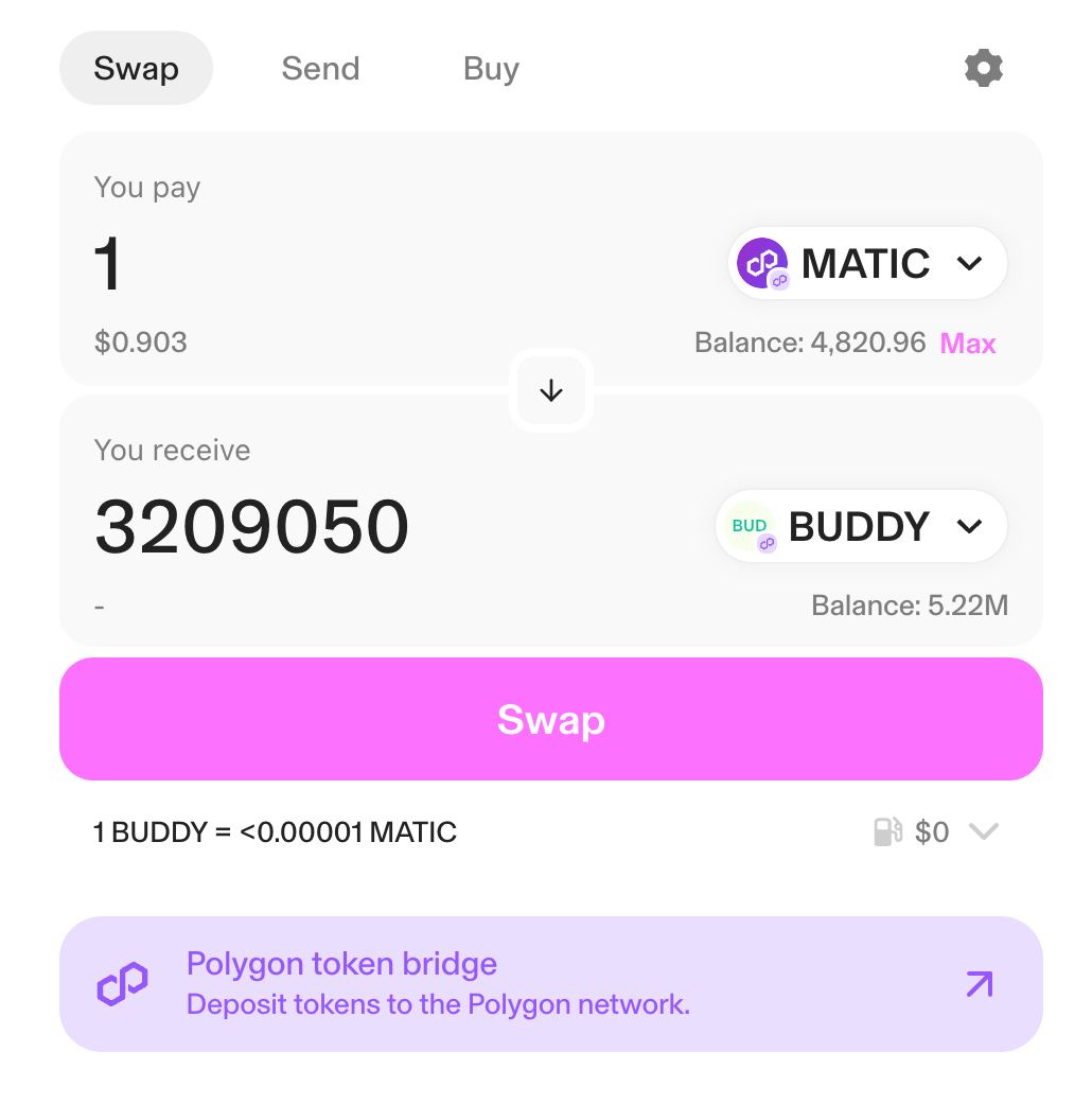 The $BUDDY token has officially been unleashed from the chains of Uniswap indexation and is now tradeable with both $MATIC and $BONSAI along with other <a href="/0xPolygon/">Polygon</a> tokens