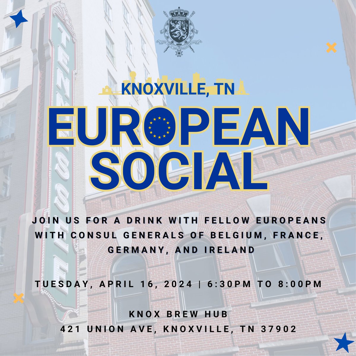 Next week, CG Ní Chonchúir & the Consul Generals from Belgium, France, & Germany are visiting Knoxville, TN. Don’t miss this opportunity to join them for an enjoyable evening & represent the Irish community in the European family🇮🇪🇧🇪🇫🇷🇩🇪 Register here: bit.ly/3xySk1m