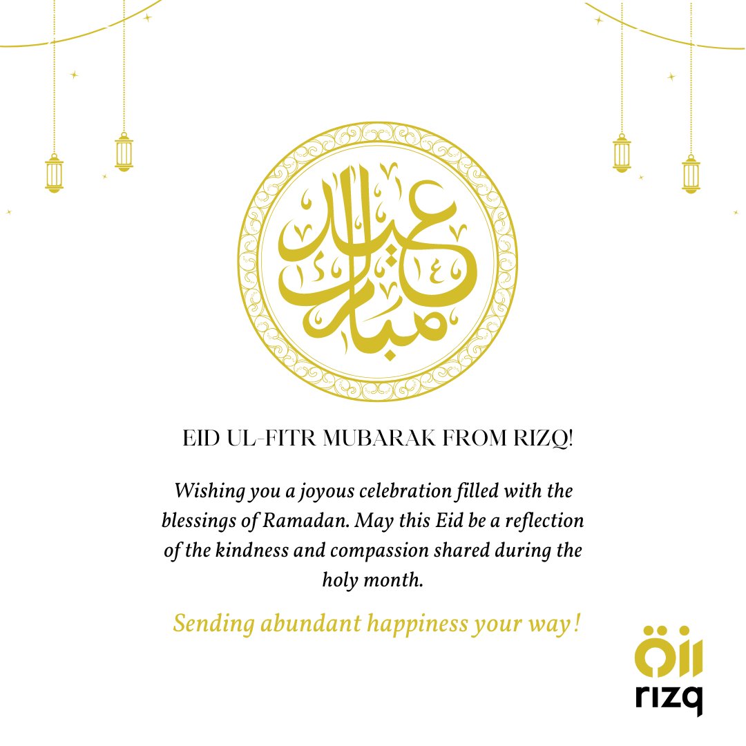 Eid Mubarak from Rizq! 🌙✨ May this Eid ul Fitr be a celebration filled with love, joy, and countless blessings. As we mark the end of Ramadan, let's continue the spirit of giving and compassion. #EidMubarak #EidUlFitr #ShareYourBlessings