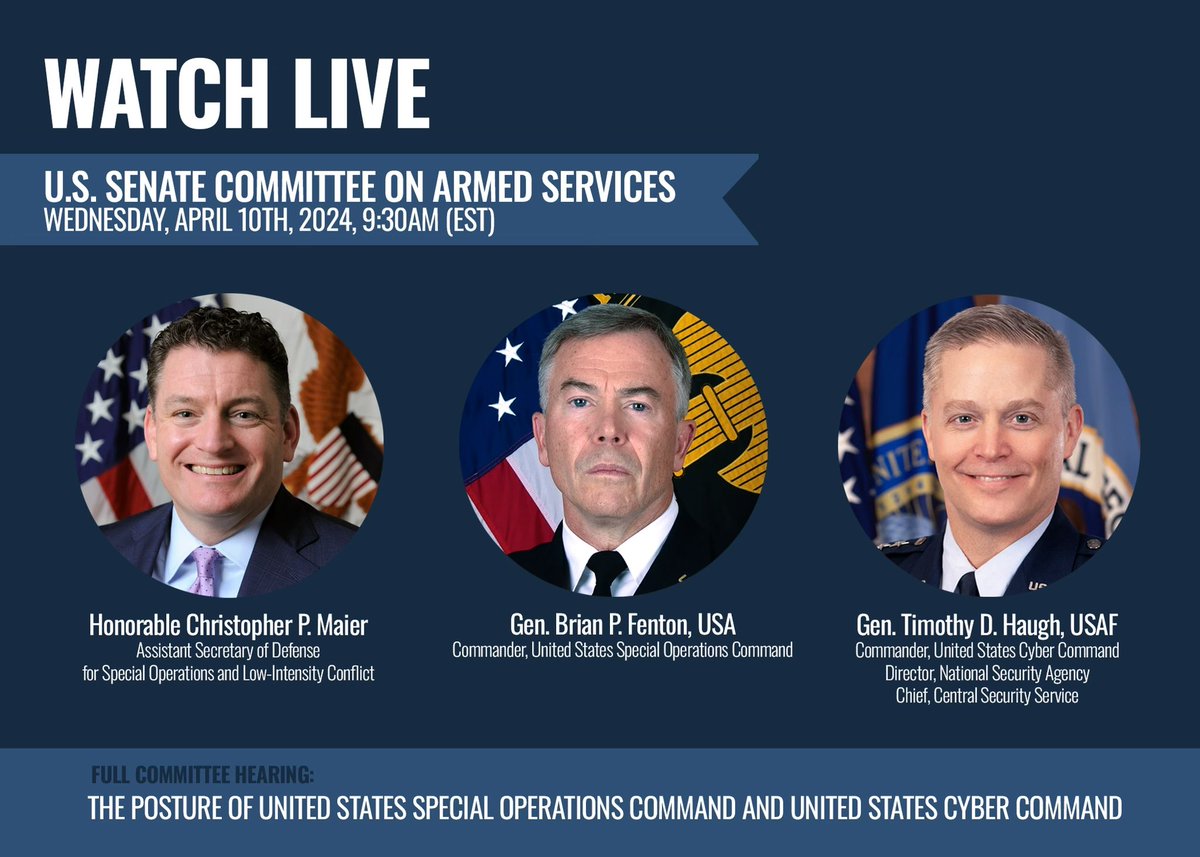 I am proud to sit alongside @USSOCOM and @US_CYBERCOM at tomorrow’s #SASC hearing on the posture of #SpecialOperations and #Cyber Commands. Tune in to hear the valuable insights into the critical roles these commands play in our #NationalDefense. ▶️ armed-services.senate.gov/hearings/to-re…