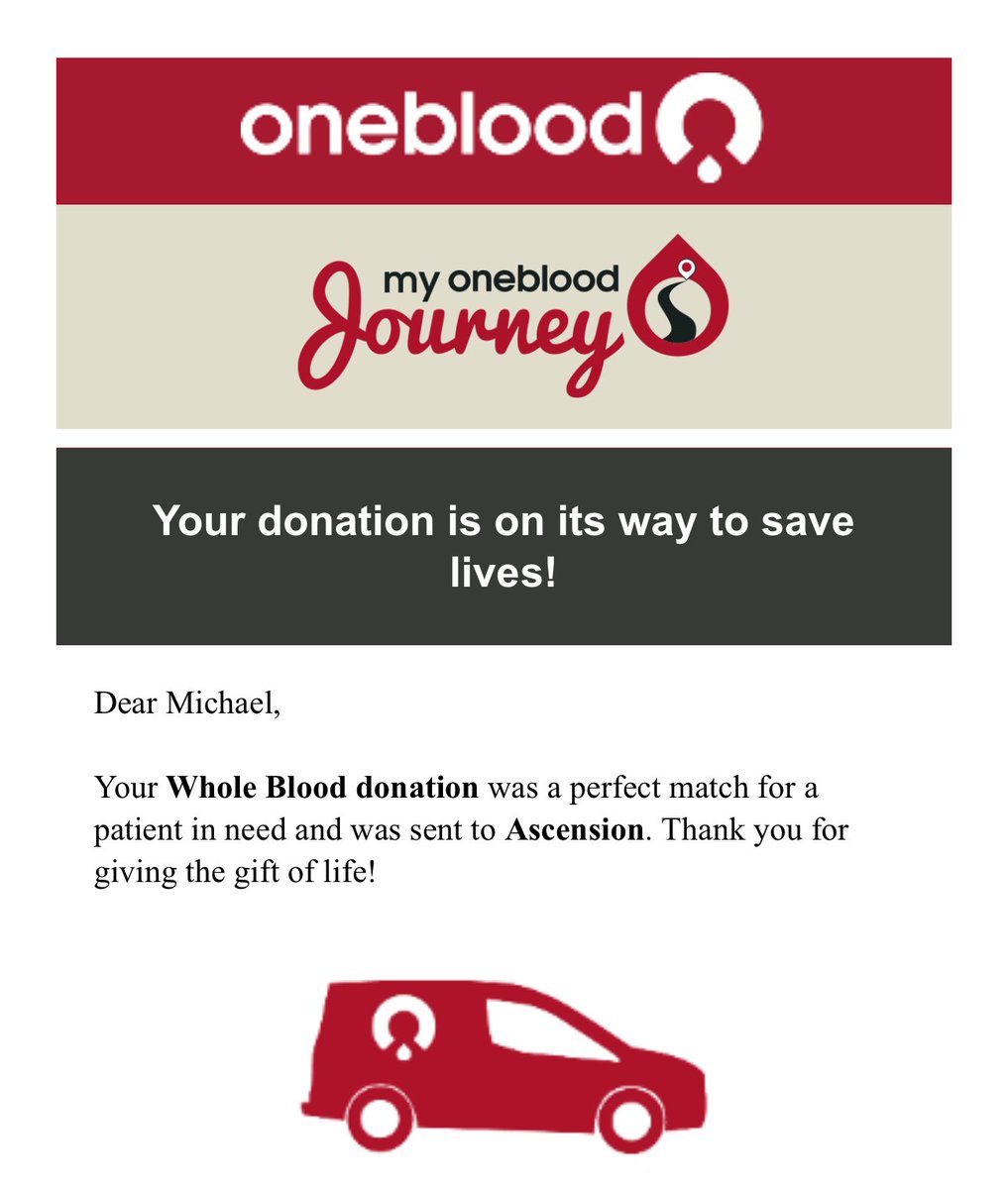 Donated blood on Thursday. It was used today. Emails like this keep me motivated to keep donating. @my1blood