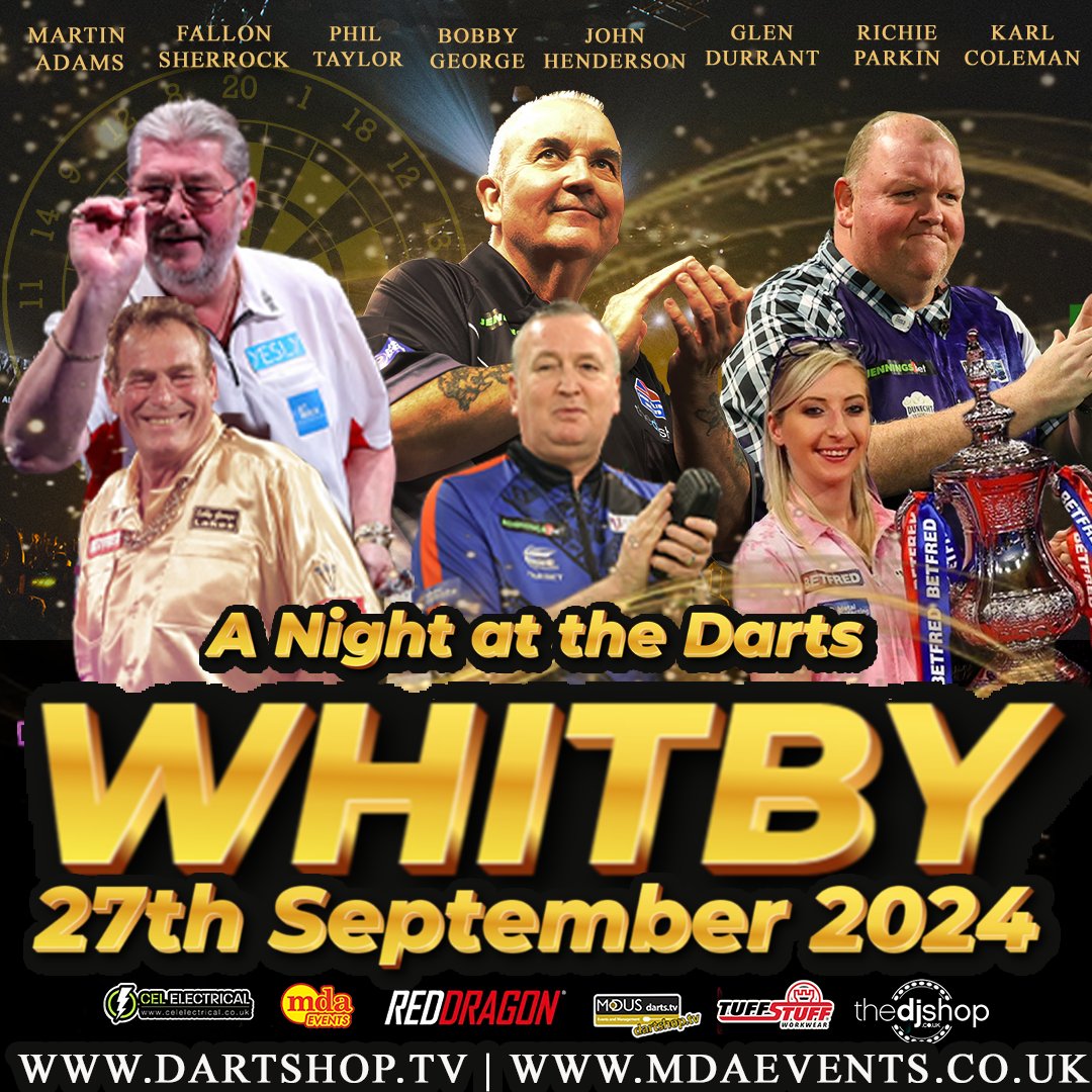 Whitby there is a storm coming as these stars blow into town 🏖️ A Night at the Darts is heading to Whitby Pavilion for 2024 🎯 This star-studded lineup is here for one night only 💥💥 Book Tickets here 🎟️ bit.ly/Whitby24ds ⚡️ @PhilTaylor 🐺 @wolfiedarts 🔴⚪️ @Duzza180…