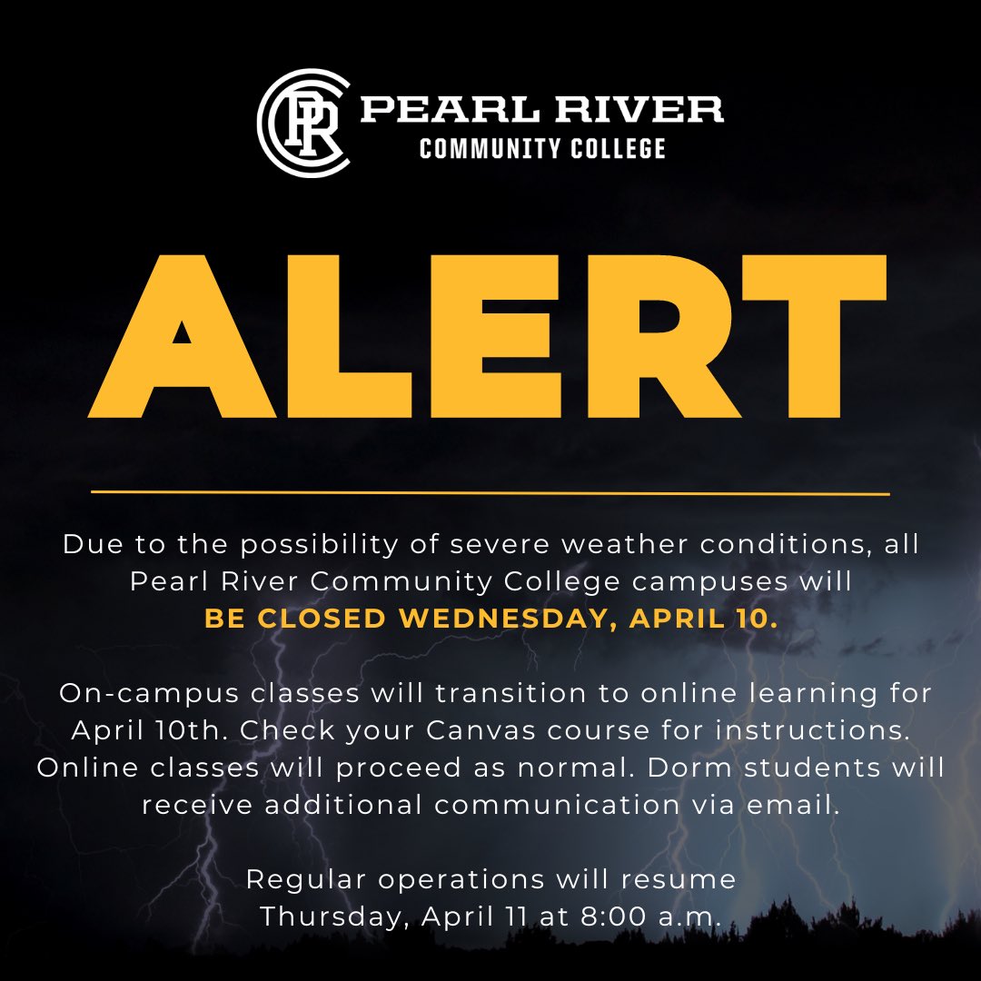 All Pearl River Community College campuses will BE CLOSED WEDNESDAY, APRIL 10. Stay safe, Wildcats! Please contact 601.403.1000 with any questions. Students, make sure you’re signed up through Riverguide to receive Lynx communication!