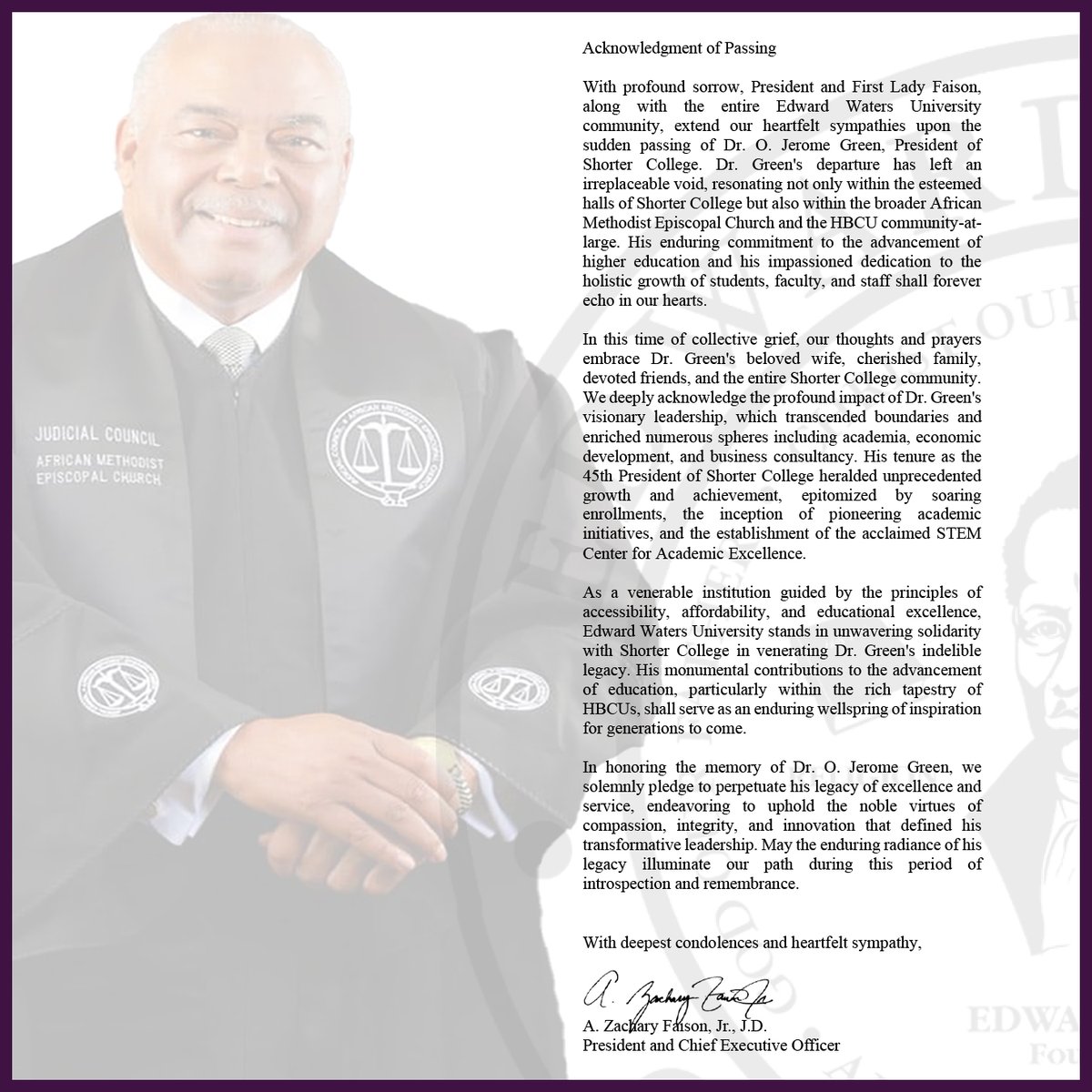 🕊️ Honoring the Legacy of Dr. O. Jerome Green 🕊️ With heavy hearts, we extend our deepest sympathies to the Shorter College community on the passing of Dr. O. Jerome Green. His visionary leadership will forever inspire us. May his legacy continue to shine brightly.