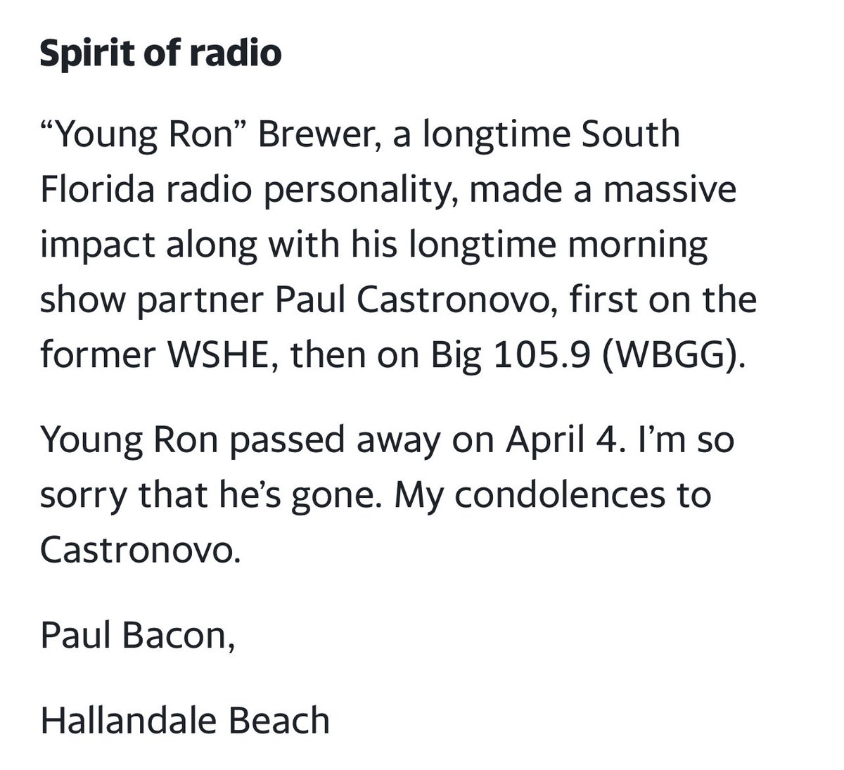 PaulBacon30's tweet photo. This is my Letter to the Editor from the Apr. 9 Miami Herald about longtime #SouthFlorida #radio personality #YoungRon Brewer. He and his partner @PaulCastronovo hosted the #PaulandYoungRon Show on #WSHE (now @1035TheBEAT) and later @BIG1059FM.
#RonBrewer https://t.co/ZnuseNkKdi