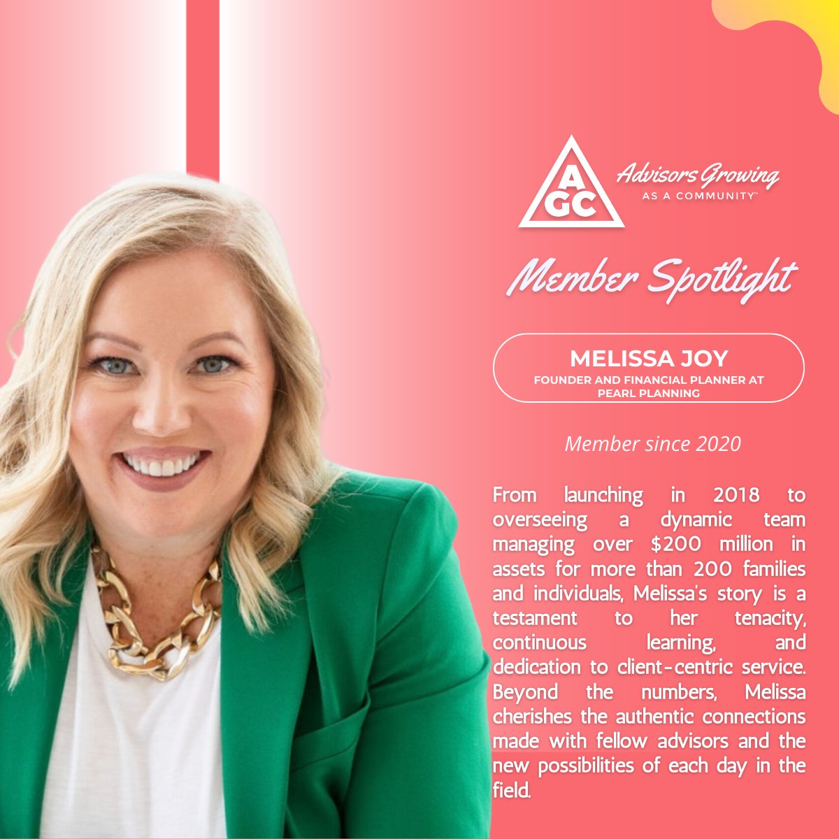 Member Spotlight ⚡️Meet Melissa, Founder & Financial Planner behind Pearl Planning and a founding AGC member. Embracing the mantra 'you can do anything, but not everything,' she successfully focuses her team's efforts, which elevates their planning service delivery as a result.