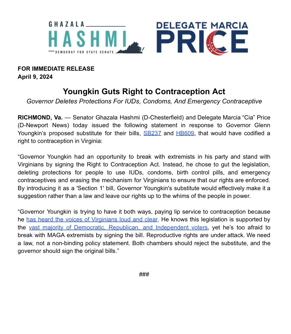 My statement with Delegate Marcia 'Cia' Price on the Governor’s substitute to the Virginia Right to Contraception Act (SB237/HB609):