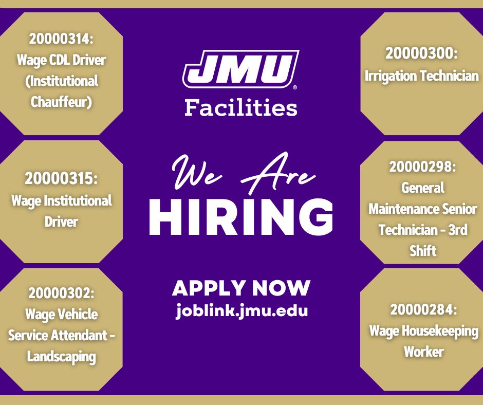 JMUJobs's tweet image. JMU Facilities Management is currently recruiting for several positions!
Browse these positions and more through referencing the below posting numbers on jobs.jmu.edu/home
#jamesmadisonuniversity #jmu #drivingjobs #landscapejobs #facilitiesmanagement #housekeepingjobs