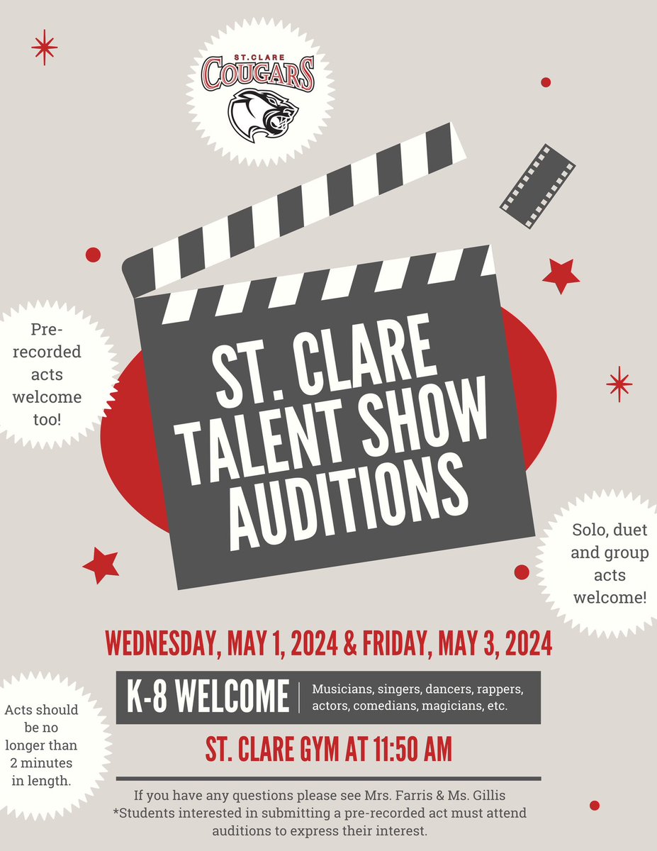 #CourageousCougars! Do you have talent you want to share? We are holding auditions for our upcoming Talent Show on WEDNESDAY, MAY 1, 2024 &amp; FRIDAY, MAY 3, 2024 at 11:50 in the Gym  K-8 WELCOME! Musicians,singers, dancers, rappers, actors, comedians, magicians, etc. See poster ⬇️