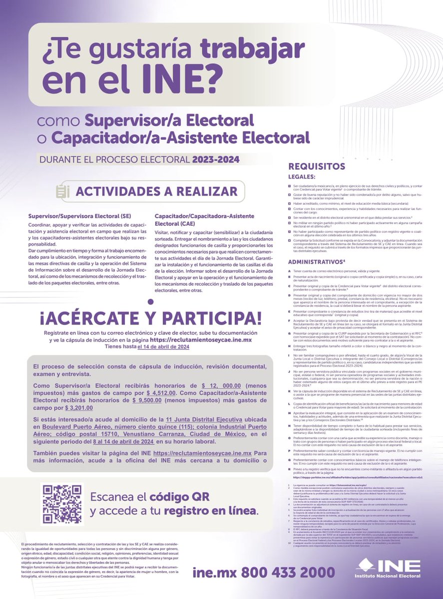 ¿Te gustaría trabajar en el #INE? Te compartimos la siguiente información donde encontrarás todas los requisitos. Tienes hasta el 14 de abril para registrarte.💼 #Empleo #VCarranza